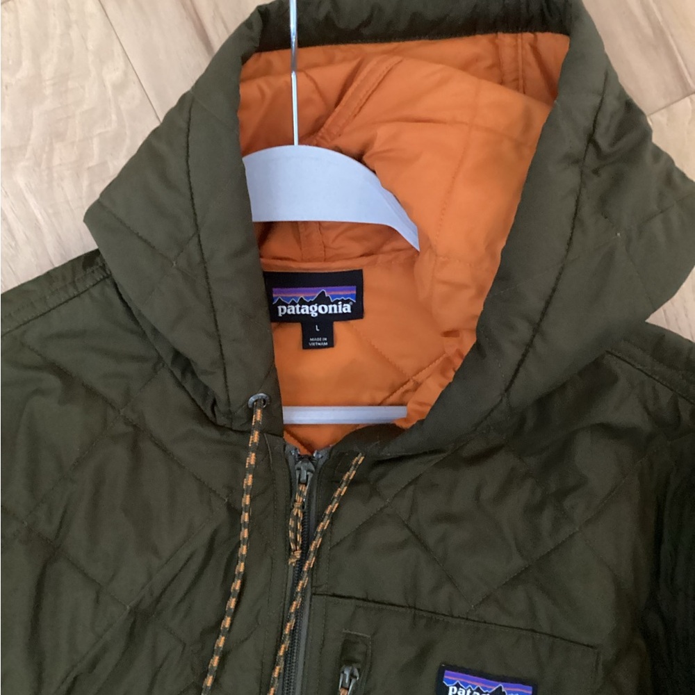 Patagonia olive  Green Hooded Jacket with Orange Interior